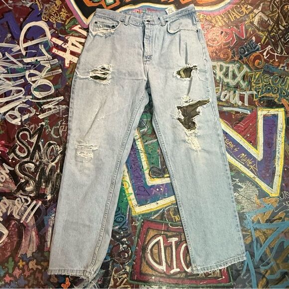 Y2K BCC Blues Distressed Light Wash Jeans - Men’s 36x30 - Camo-Lined Rips - Picture 1 of 13